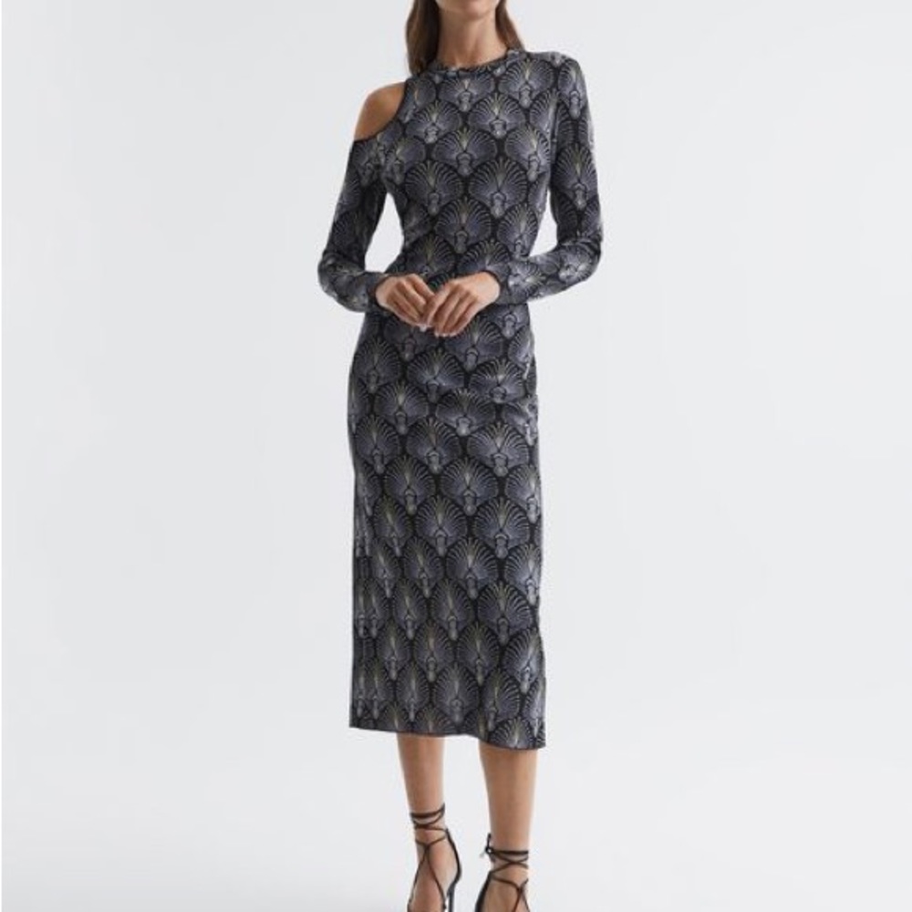 Reiss Black and Silver Art Deco Midi Dress with Cold Shoulder